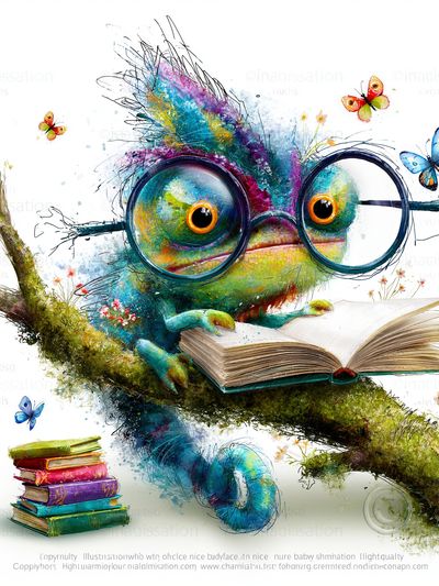 Bookish Chameleon Illustration Poster. poster