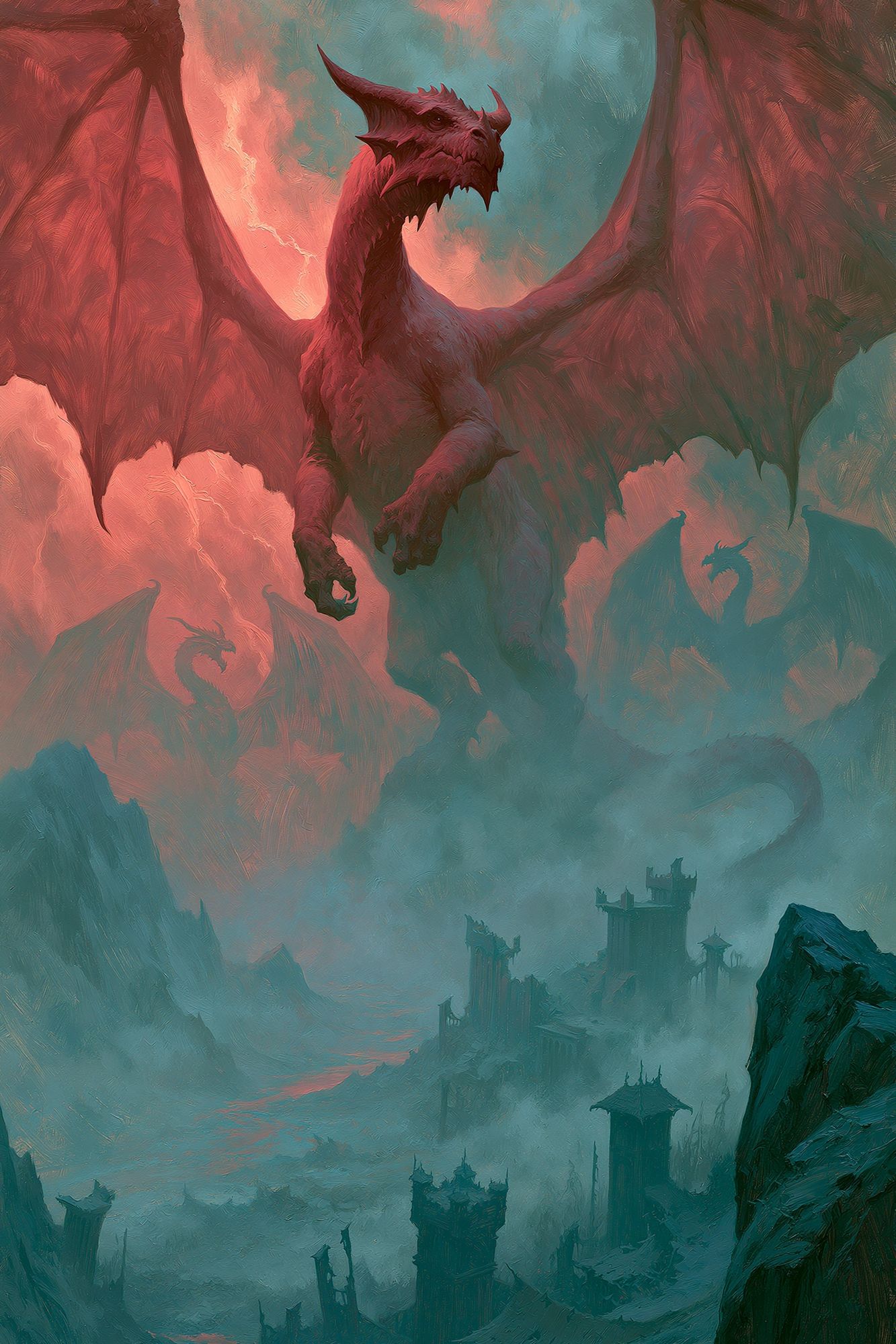 Dragon Over Misty Citadel Print. poster — illustration art