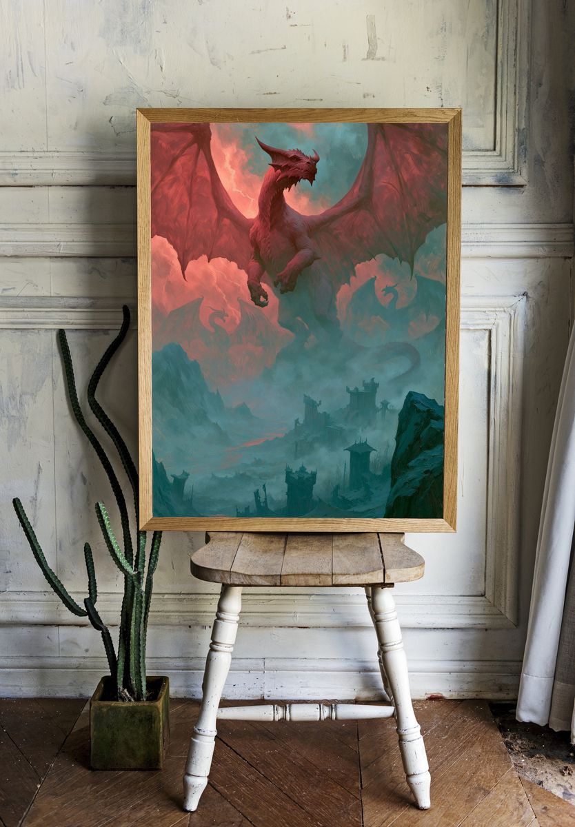 Dragon Over Misty Citadel Print. room preview