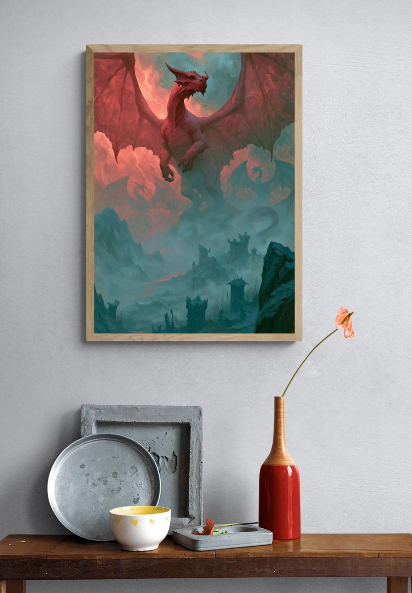 Dragon Over Misty Citadel Print. — room view 3