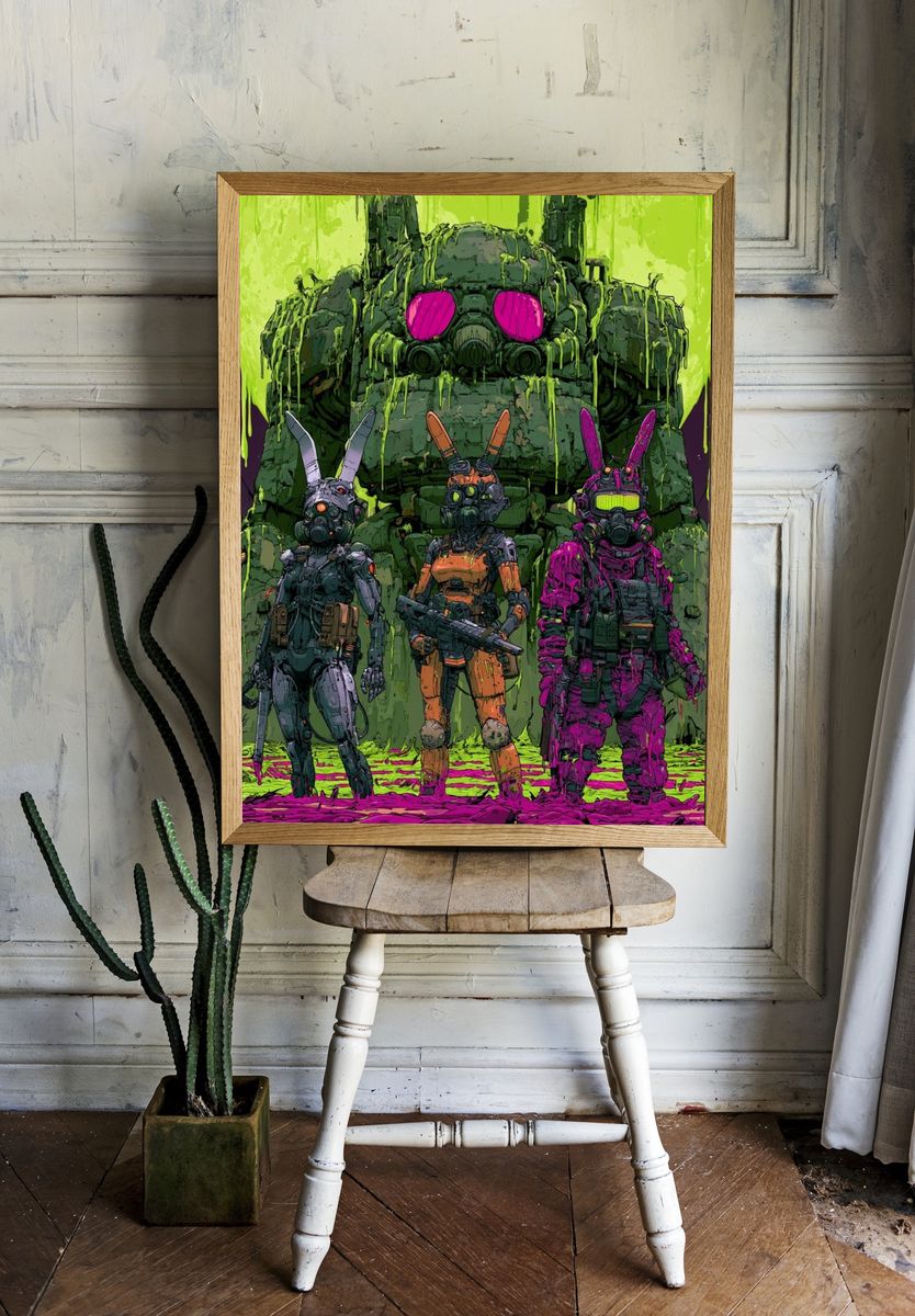Neon Mecha Bunnies Sci-Fi Poster. room preview