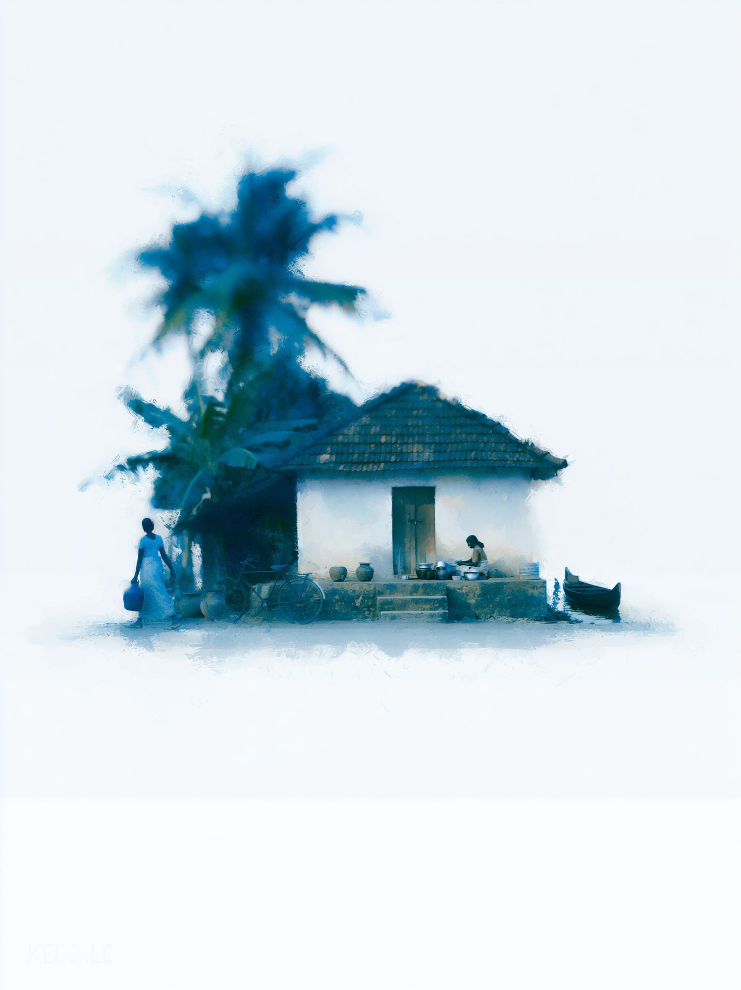 Blue Village House Watercolor Print. poster detail