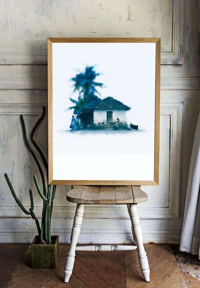 Blue Village House Watercolor Print. — room view 1