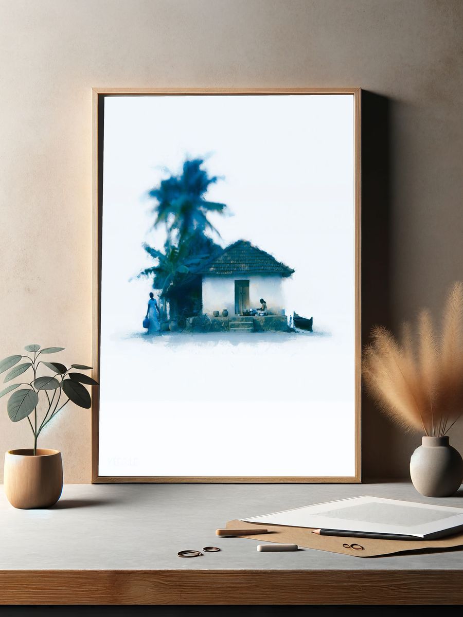 Blue Village House Watercolor Print. — room view 2