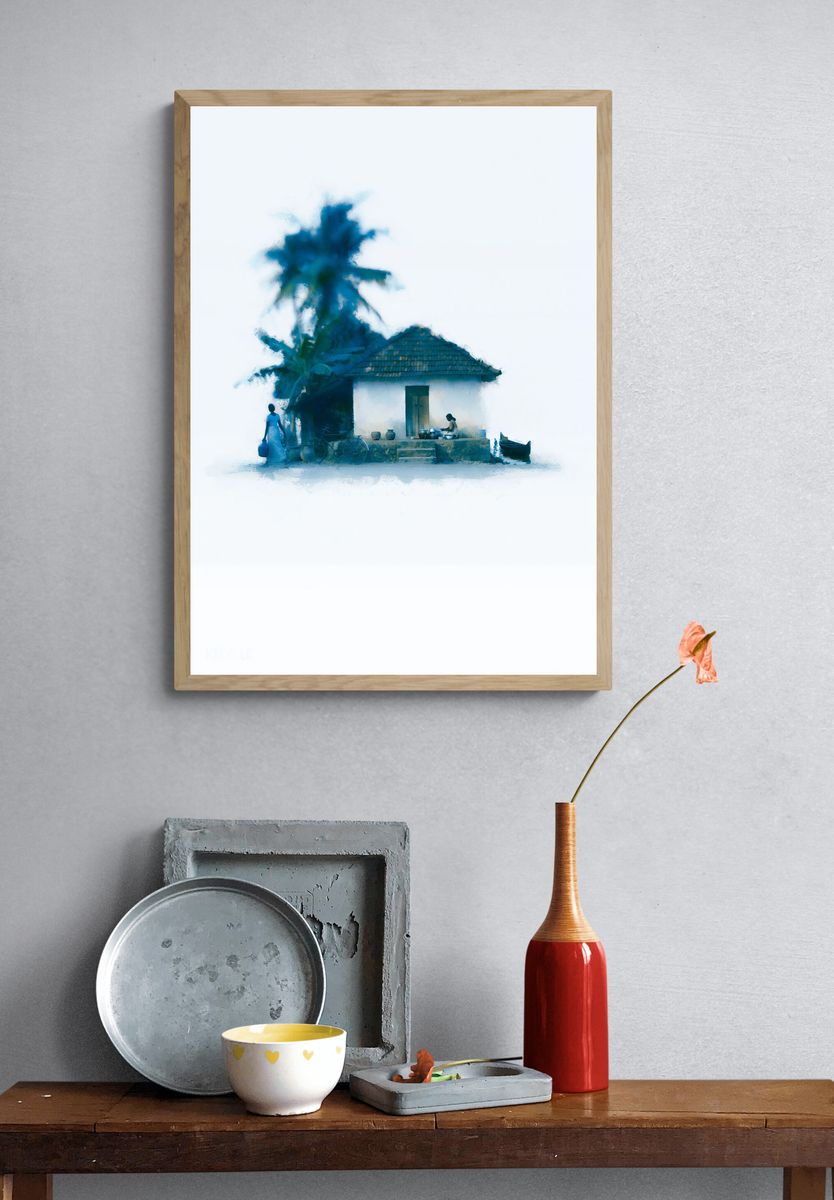 Blue Village House Watercolor Print. — room view 3