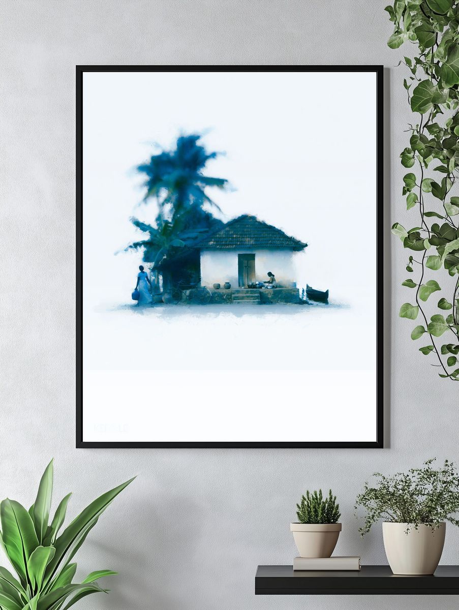 Blue Village House Watercolor Print. — room view 4