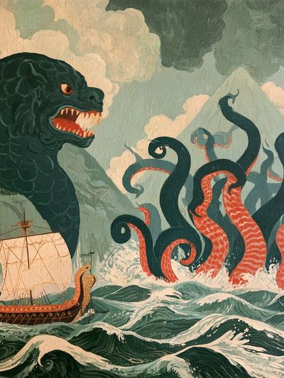 Sea Serpent Voyage Illustration Poster. poster