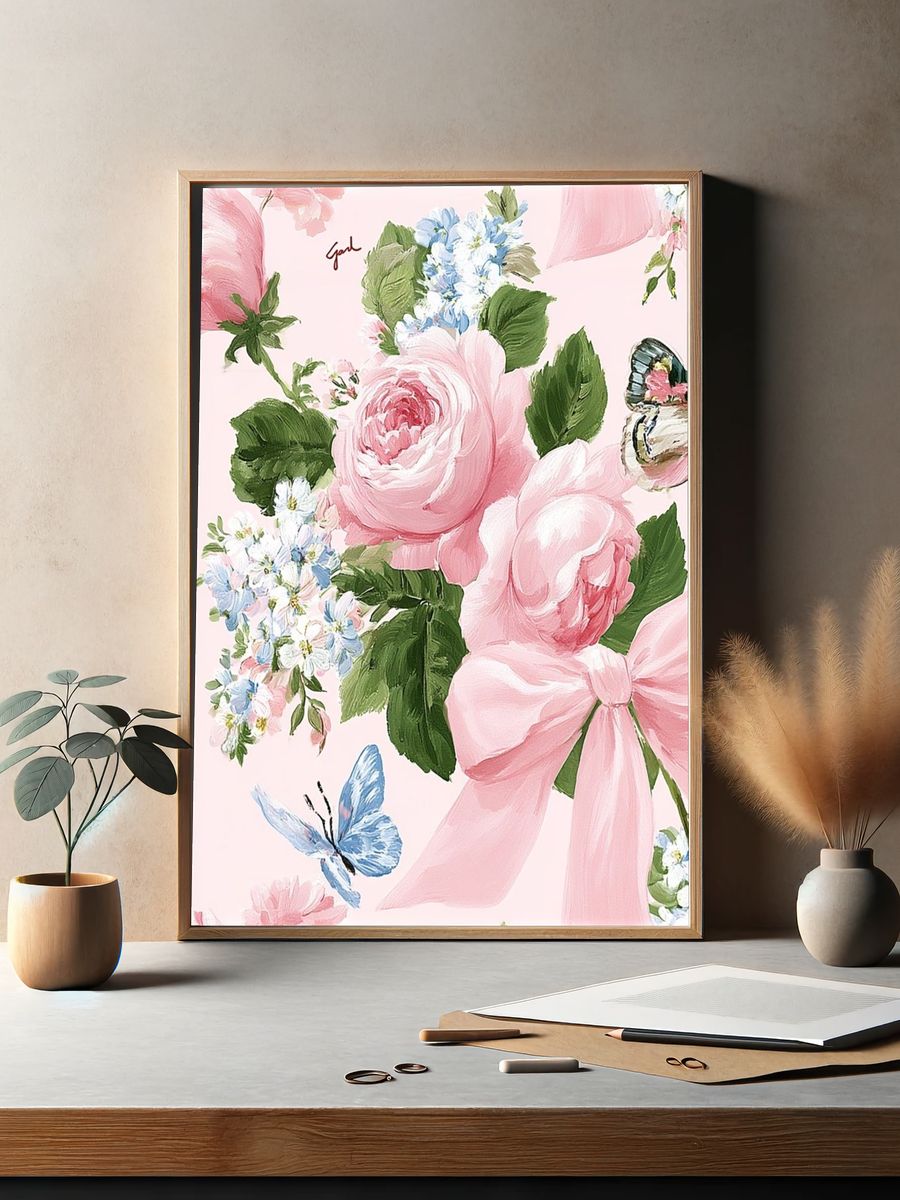 Pink Floral Butterfly Illustration Poster. — room view 2