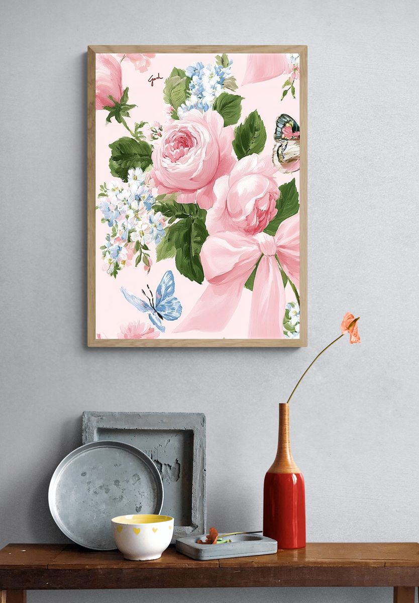 Pink Floral Butterfly Illustration Poster. — room view 3