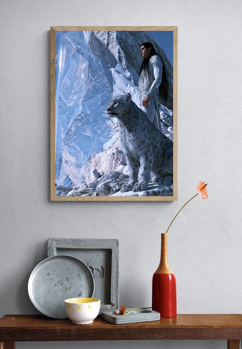 Snow Leopard and Crystal Mountain Print. — room view 3