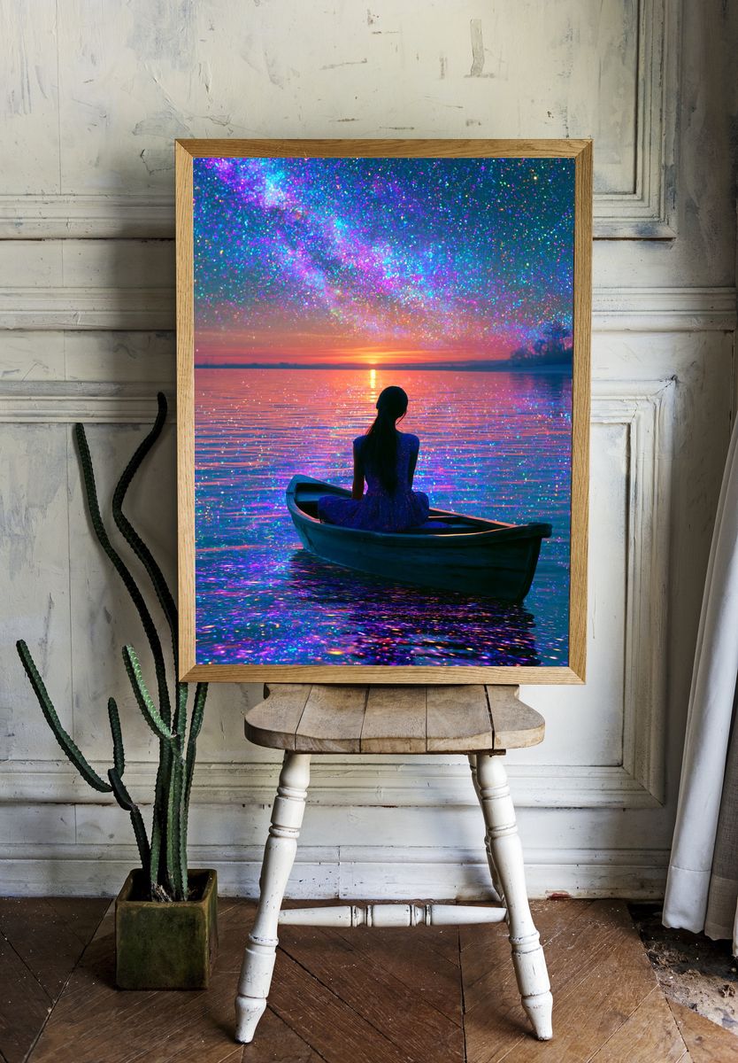 Dreamy Lake Sunset Illustration Poster. — room view 1
