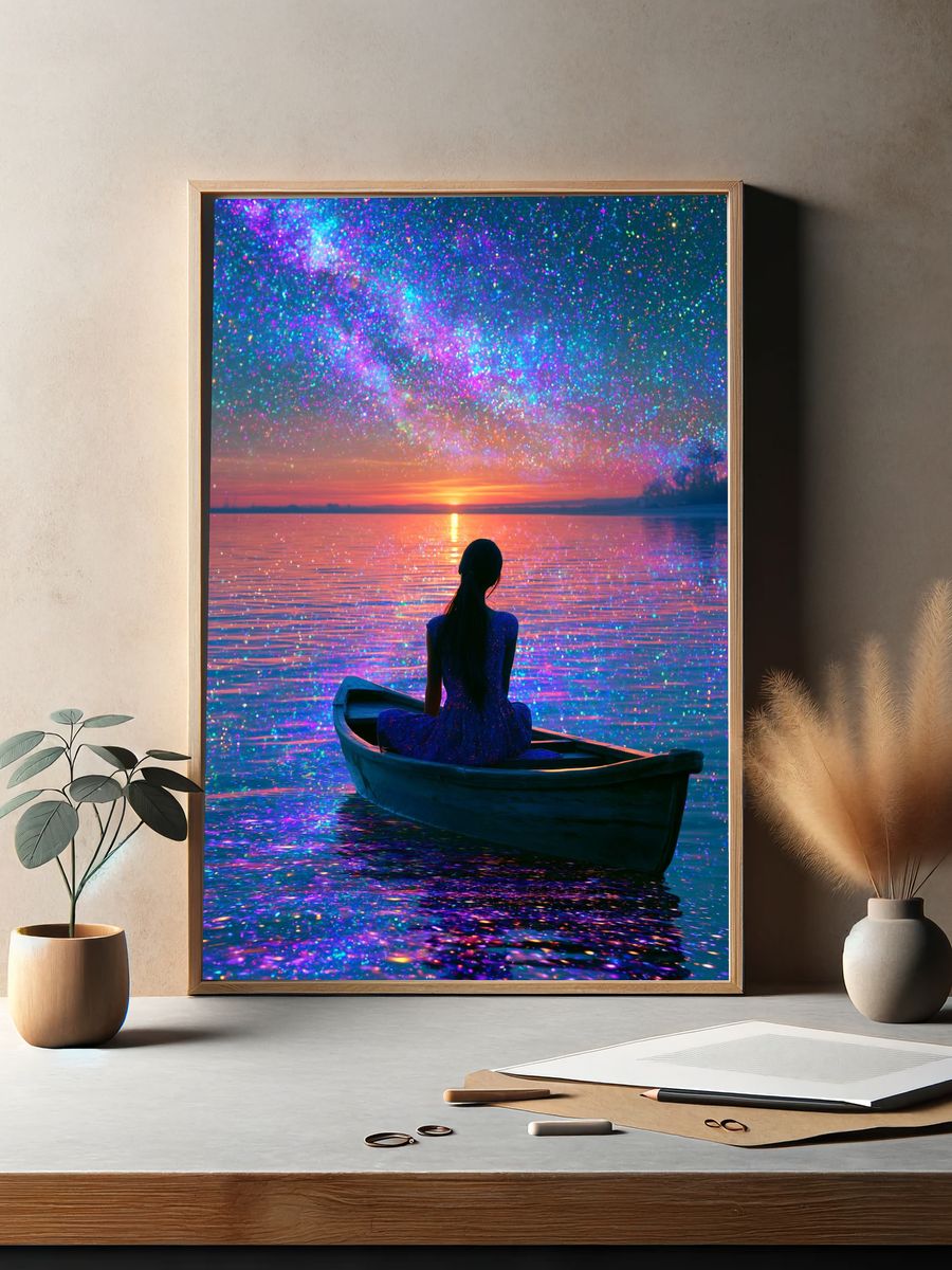 Dreamy Lake Sunset Illustration Poster. — room view 2