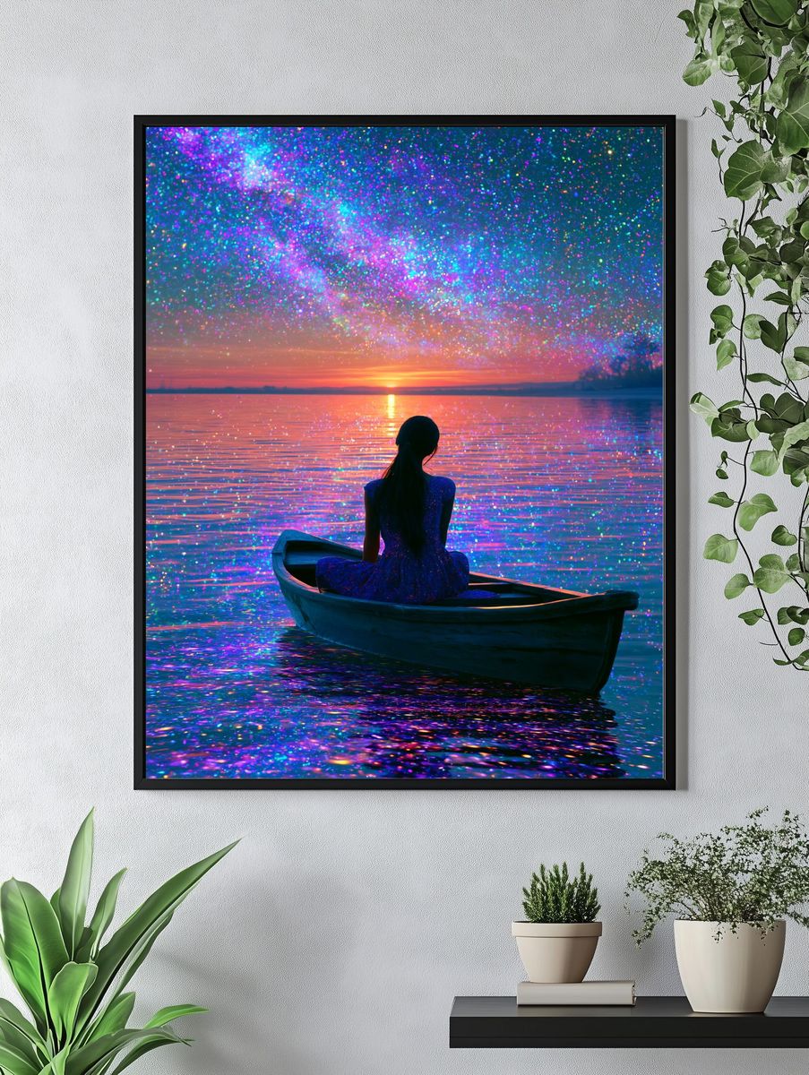 Dreamy Lake Sunset Illustration Poster. — room view 4