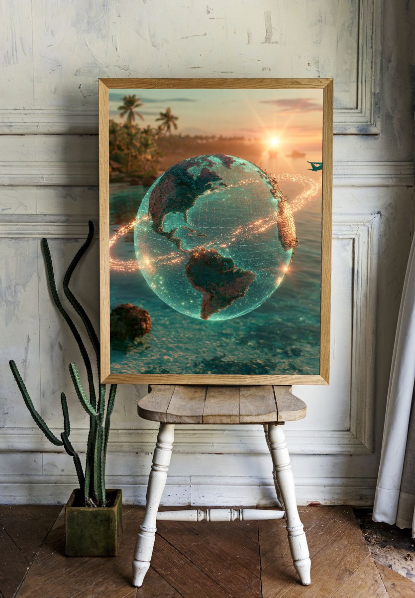 Tropical Globe Flight Illustration Poster. room preview