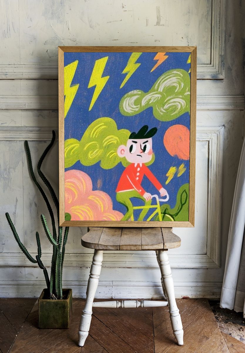 Stormy Cyclist Illustration Poster. room preview
