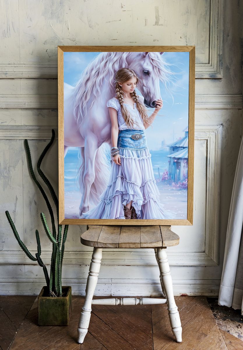 Girl and White Horse Fantasy Print. room preview