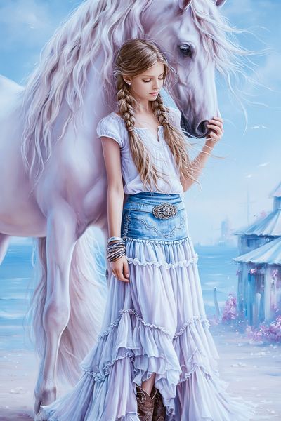 Girl and White Horse Fantasy Print. poster