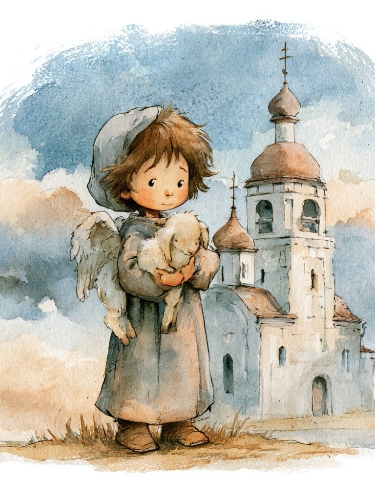 Child and Lamb Watercolor Print. poster detail