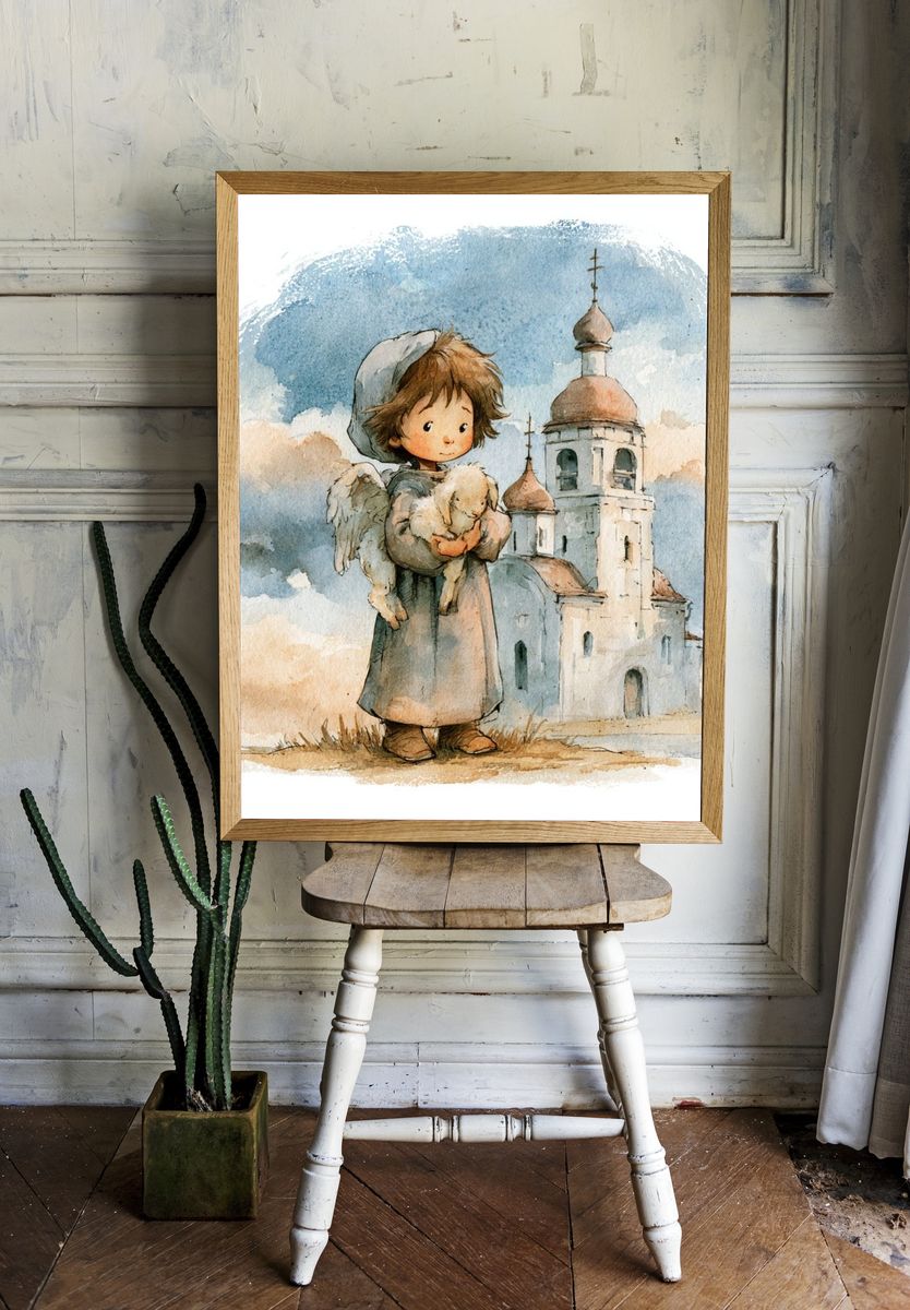 Child and Lamb Watercolor Print. — room view 1