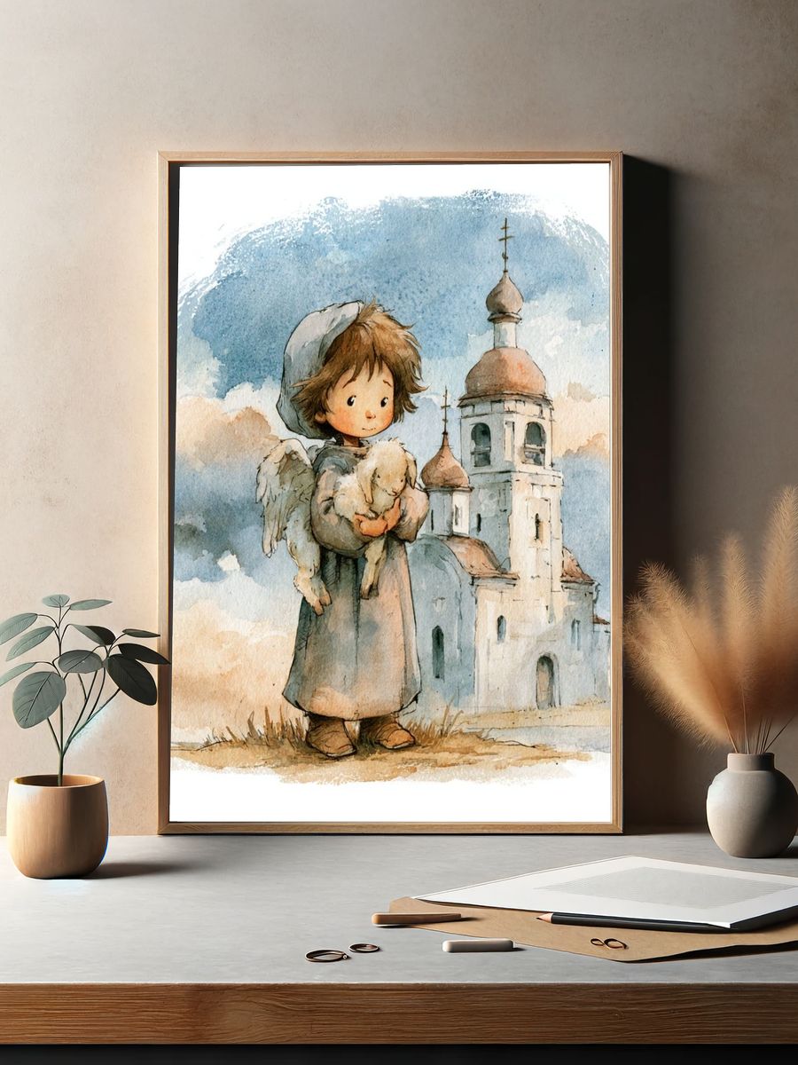 Child and Lamb Watercolor Print. — room view 2