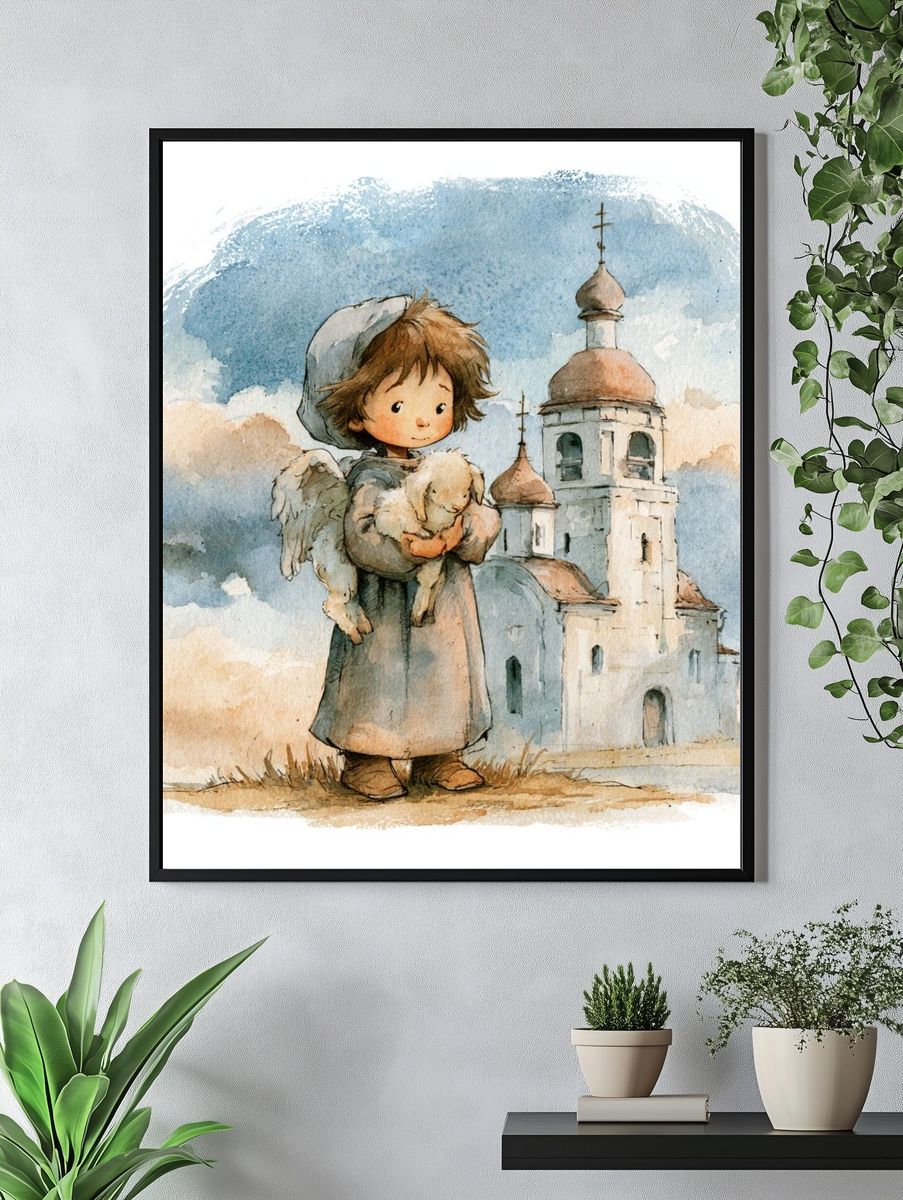 Child and Lamb Watercolor Print. — room view 4