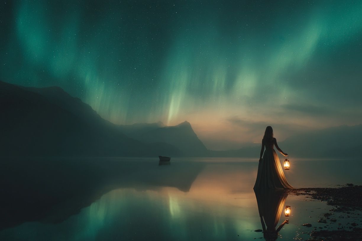 Aurora Lake Silhouette Fantasy Print. poster detail