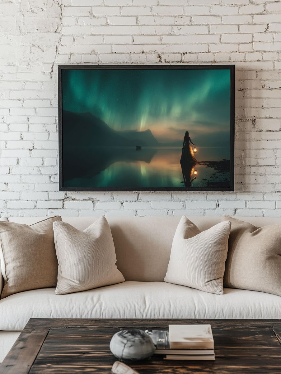 Aurora Lake Silhouette Fantasy Print room preview