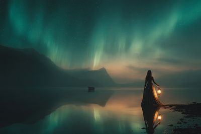 Aurora Lake Silhouette Fantasy Print. poster print