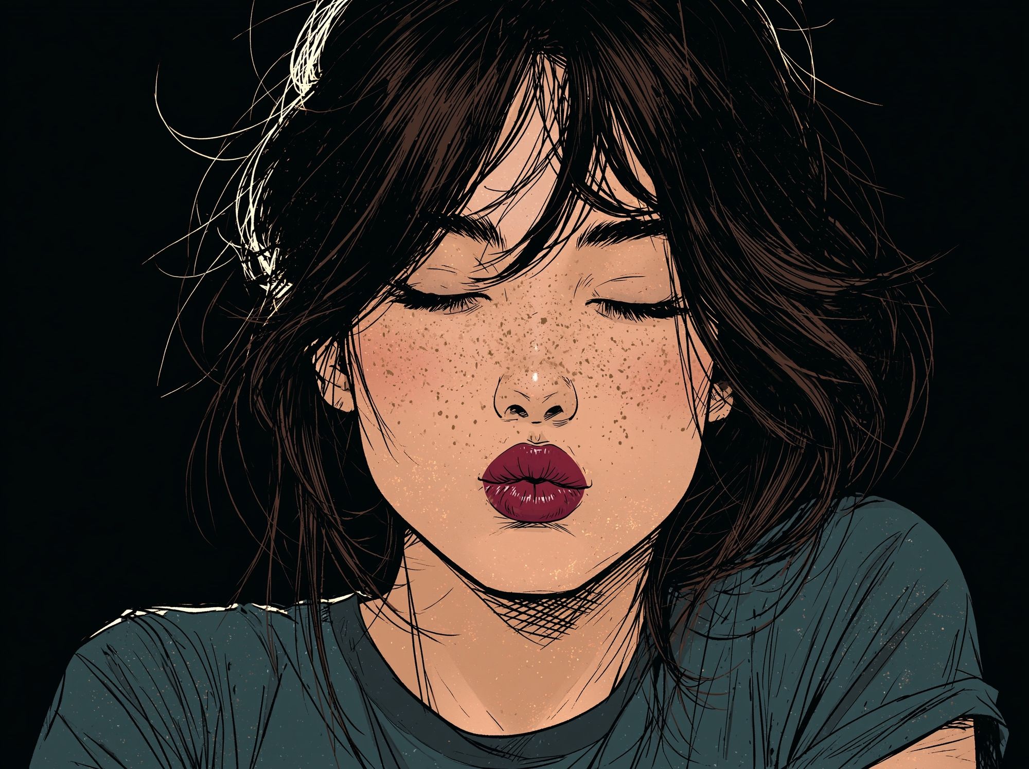 Freckled Woman Portrait Illustration Poster. poster detail