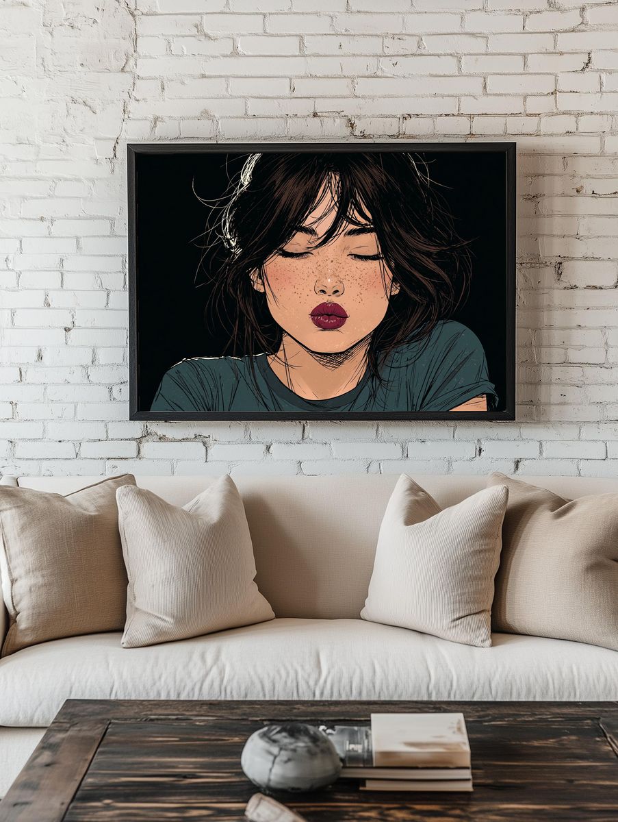 Freckled Woman Portrait Illustration Poster. — room view 1