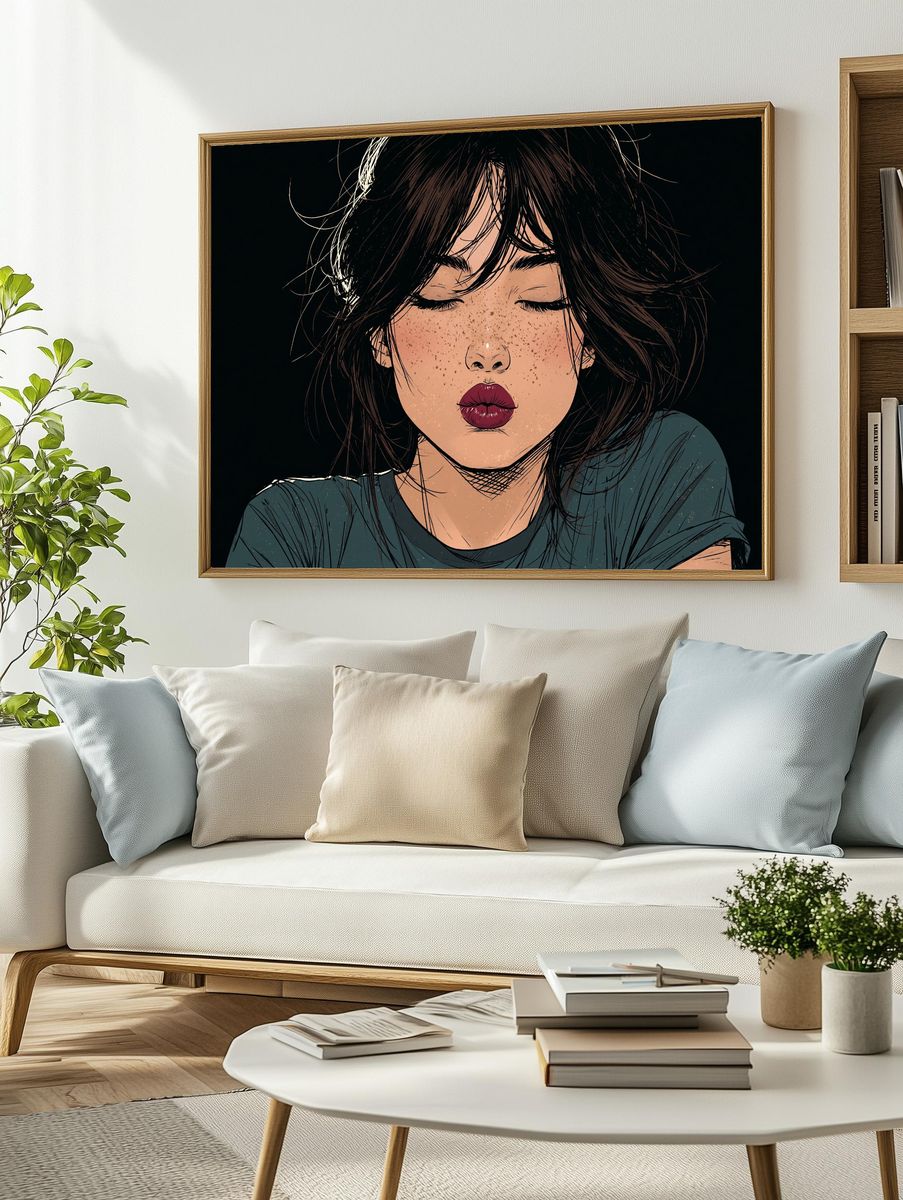 Freckled Woman Portrait Illustration Poster. — room view 2