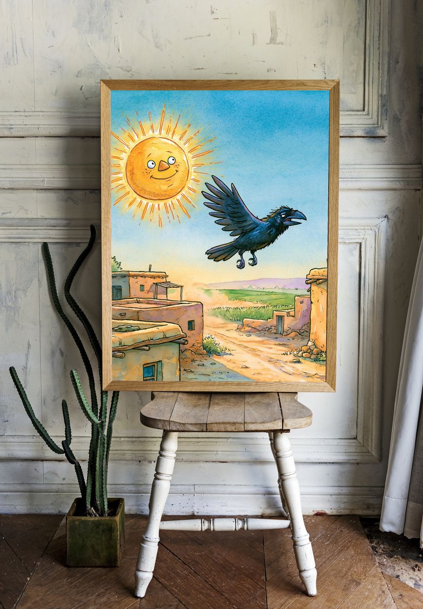 Sunny Raven Village Illustration Poster. room preview