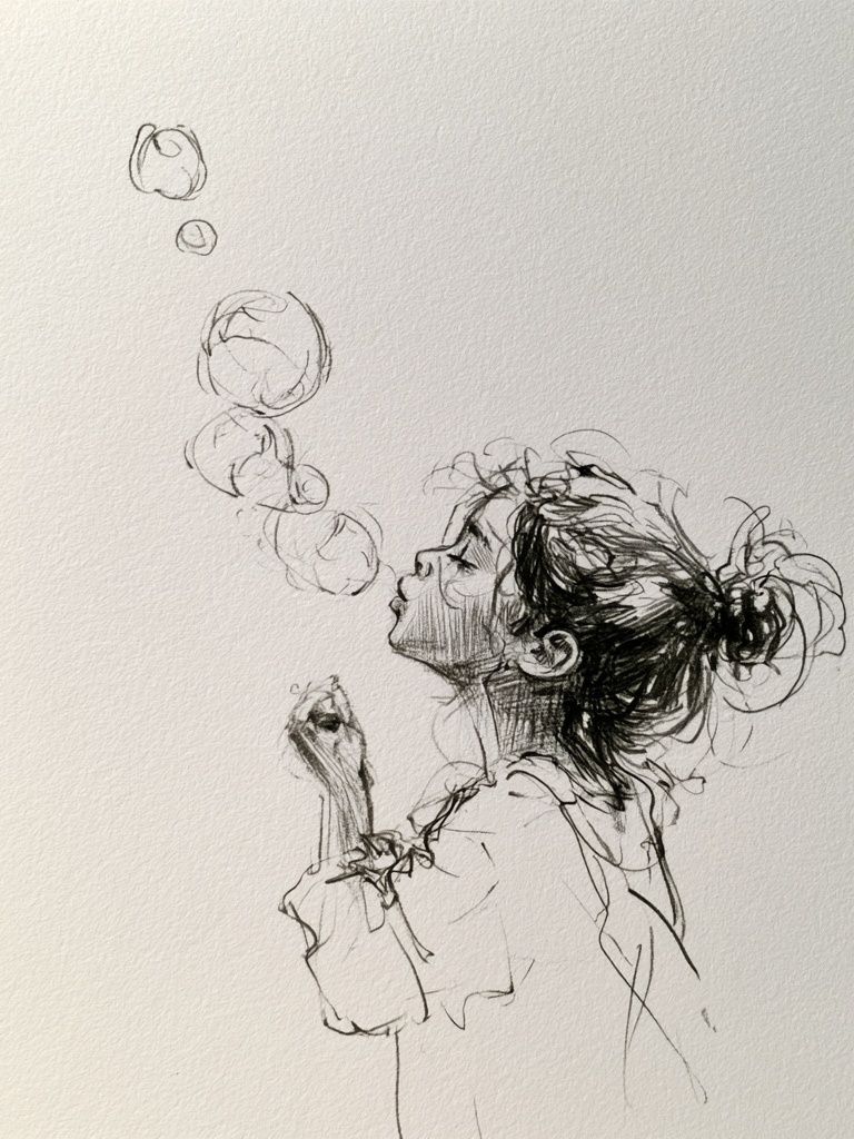 Girl Blowing Bubbles Ink Poster. poster detail
