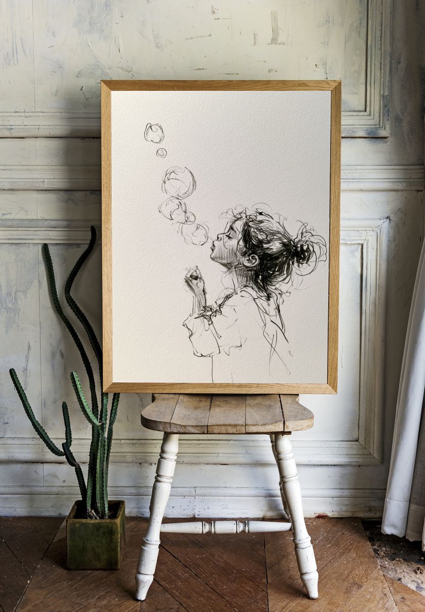 Girl Blowing Bubbles Ink Poster. — room view 1