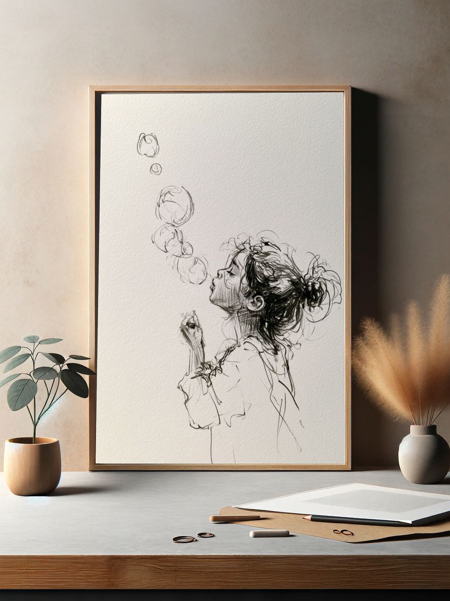 Girl Blowing Bubbles Ink Poster. — room view 2