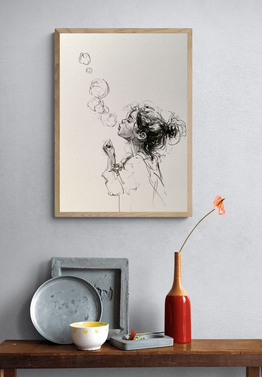 Girl Blowing Bubbles Ink Poster. — room view 3
