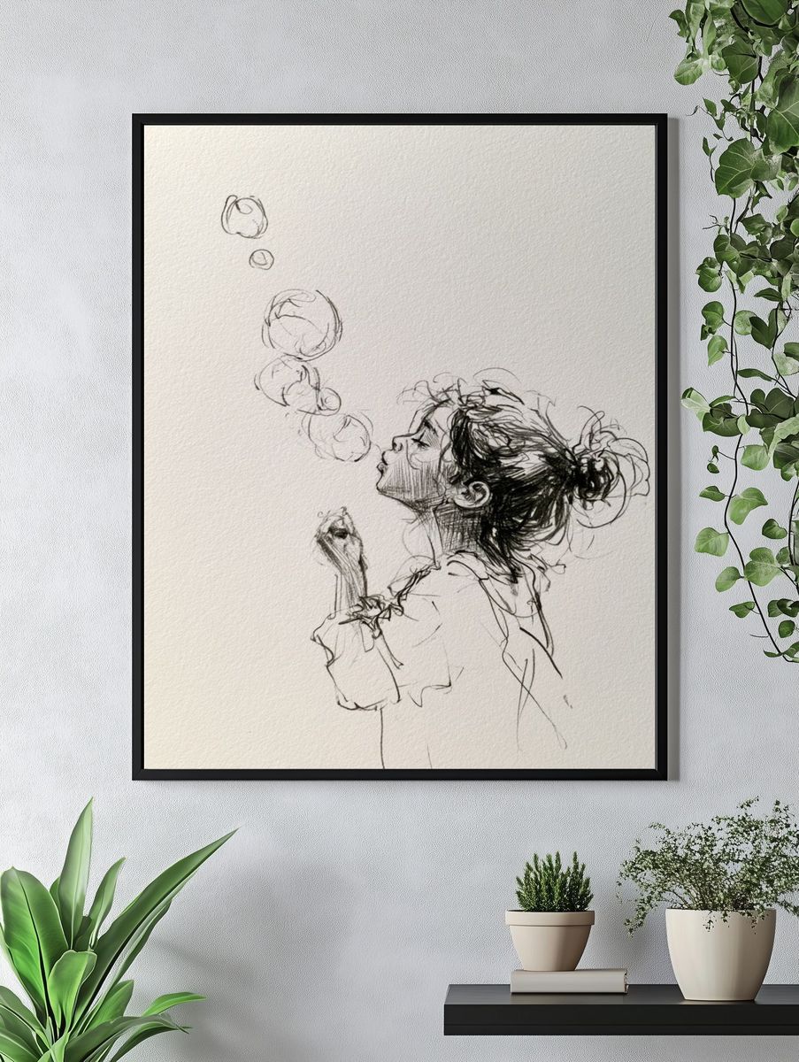 Girl Blowing Bubbles Ink Poster. — room view 4