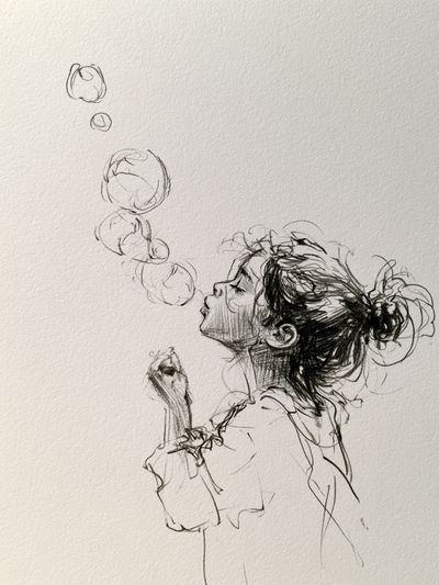 Girl Blowing Bubbles Ink Poster. poster