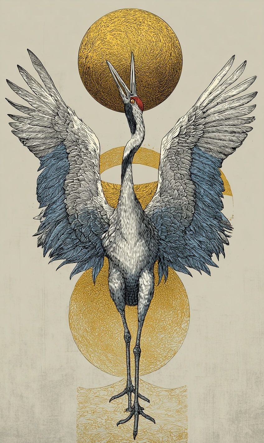 Crane with Golden Orbs Print. poster detail