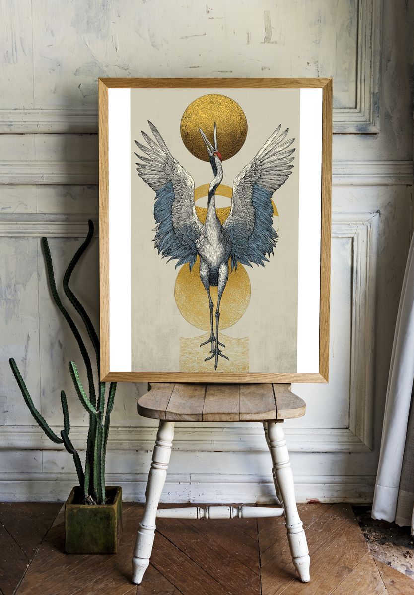 Crane with Golden Orbs Print. room preview