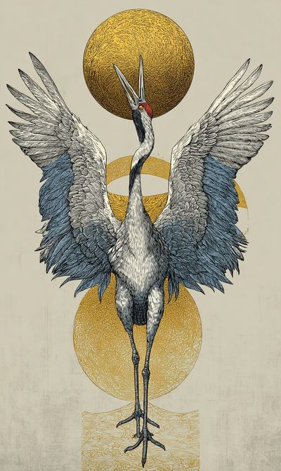 Crane with Golden Orbs Print. poster