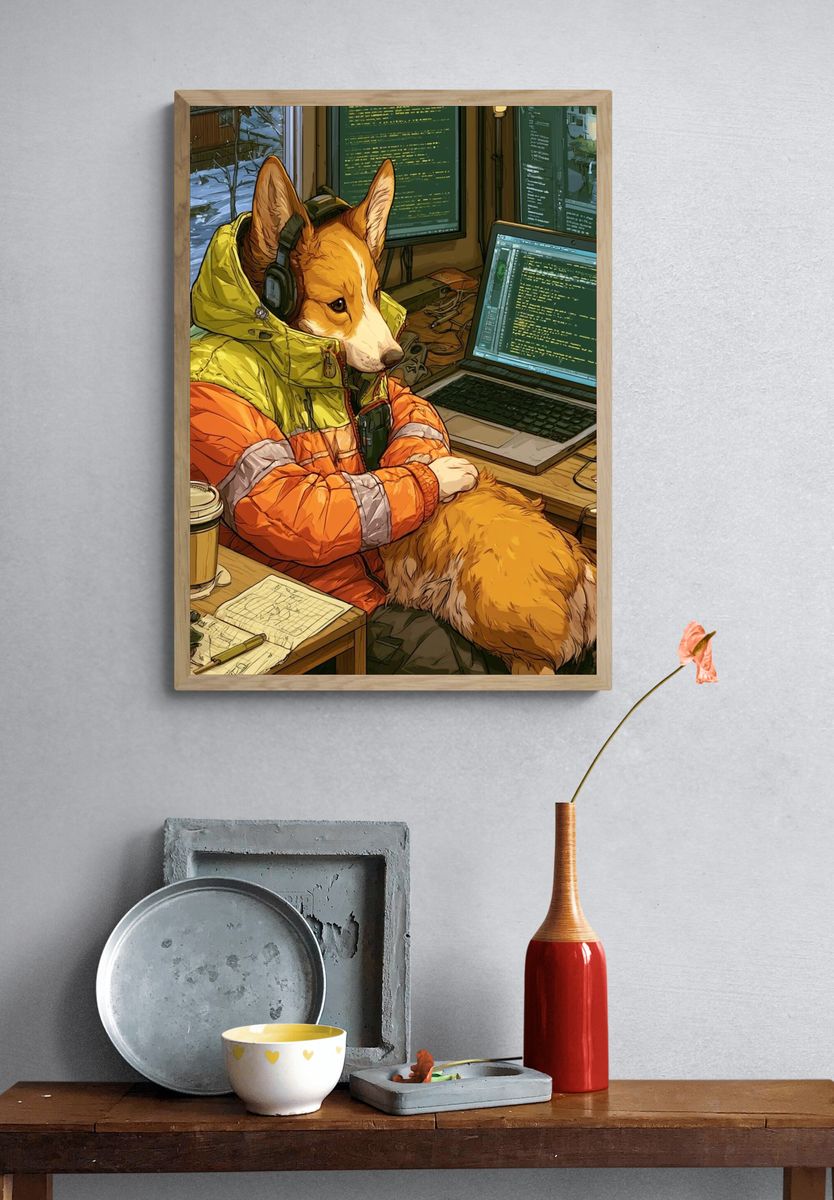 Corgi Coder Illustration Poster. — room view 3
