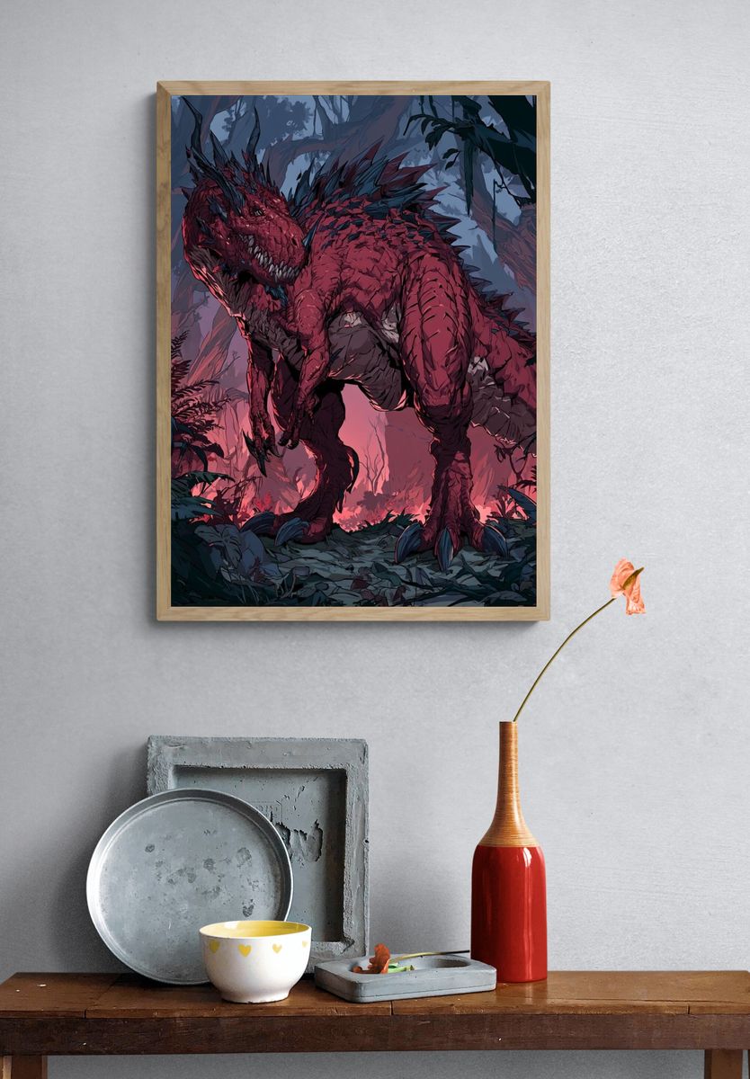 Crimson Dragon Jungle Illustration Poster. — room view 3