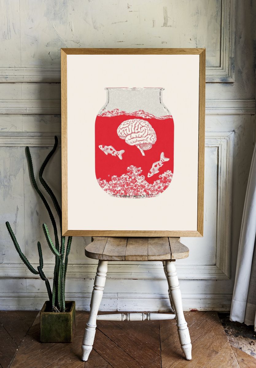 Surreal Fishbowl Brain Illustration Poster. room preview
