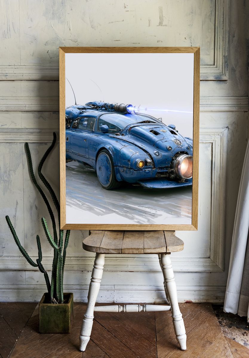 Blue Steampunk Car Illustration Poster. room preview