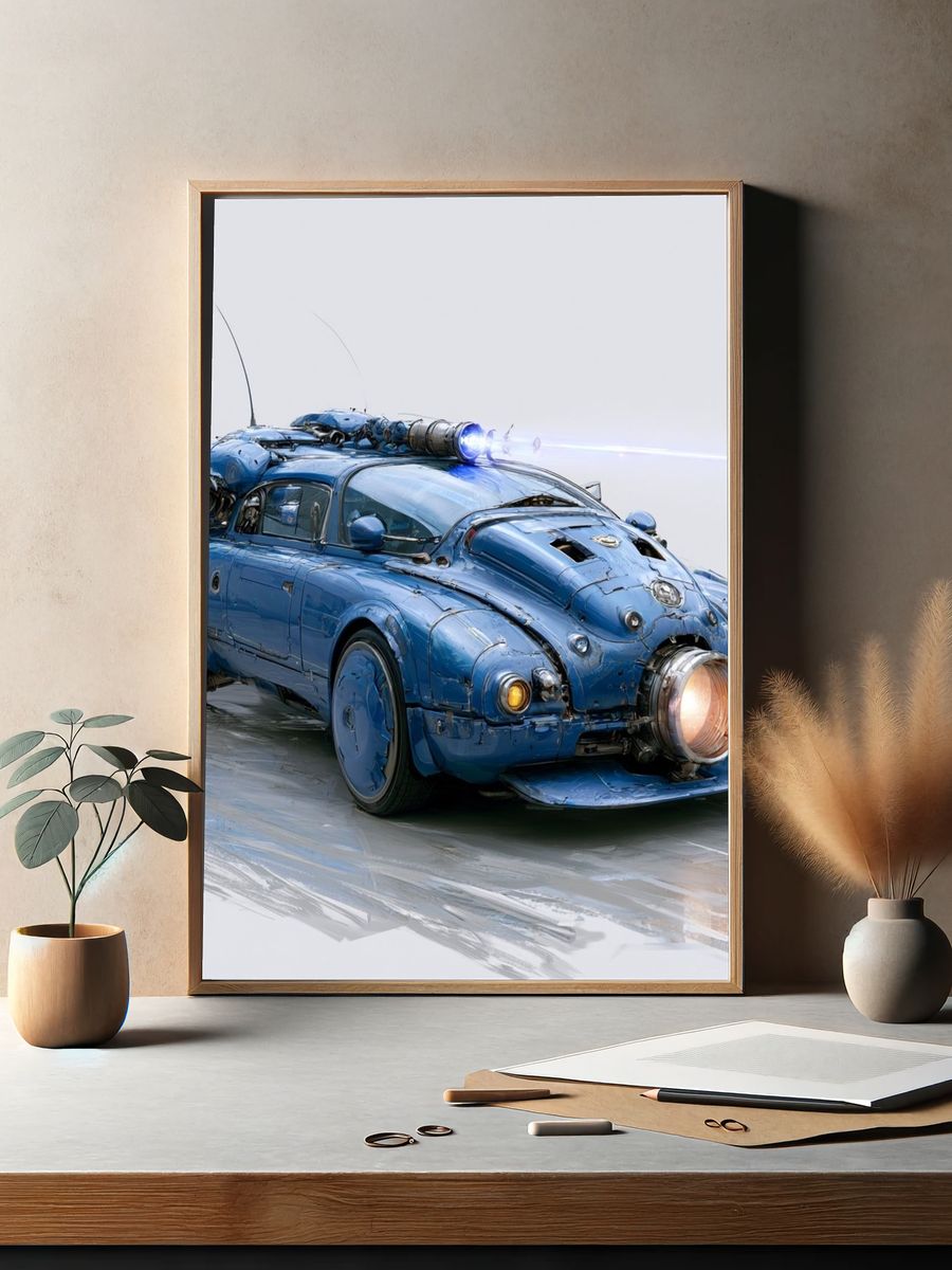 Blue Steampunk Car Illustration Poster. — room view 2