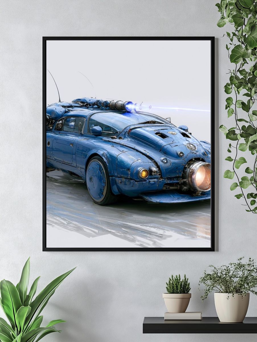 Blue Steampunk Car Illustration Poster. — room view 4