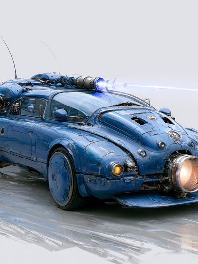 Blue Steampunk Car Illustration Poster.