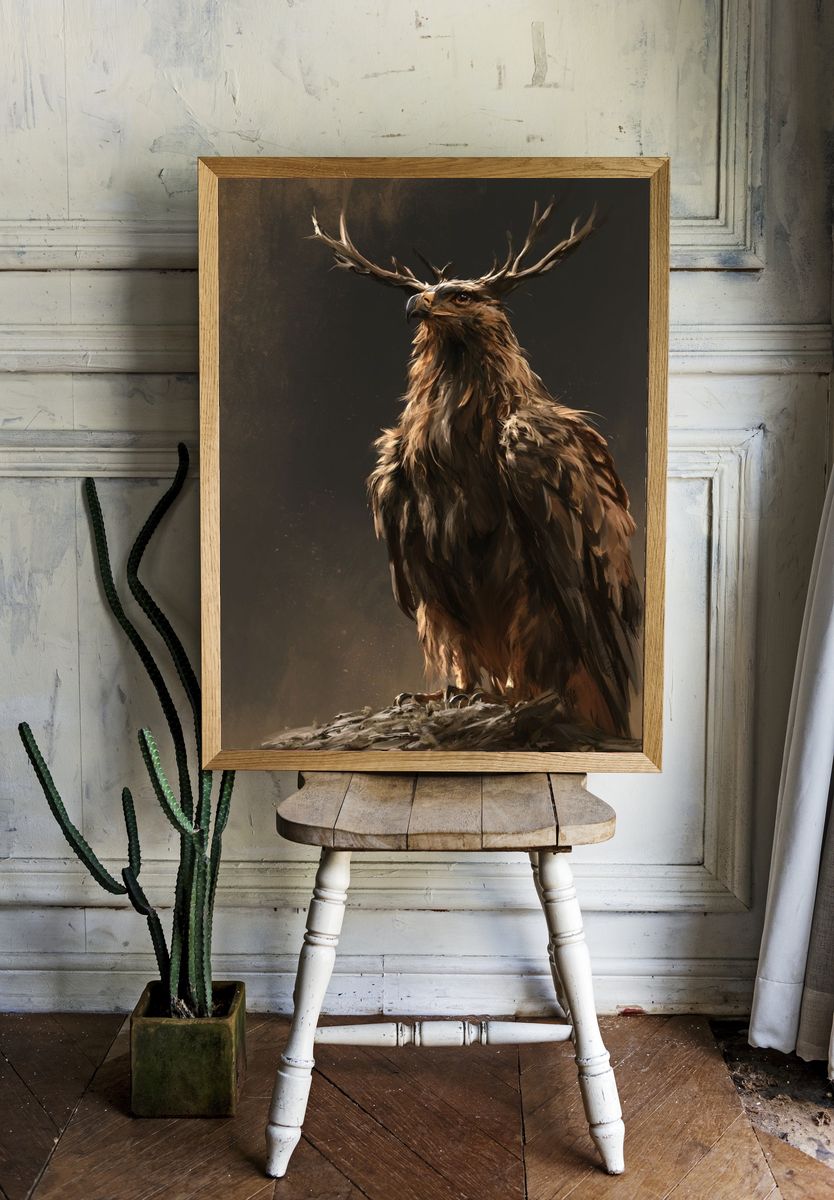 Majestic Deer Eagle Illustration Poster. — room view 1
