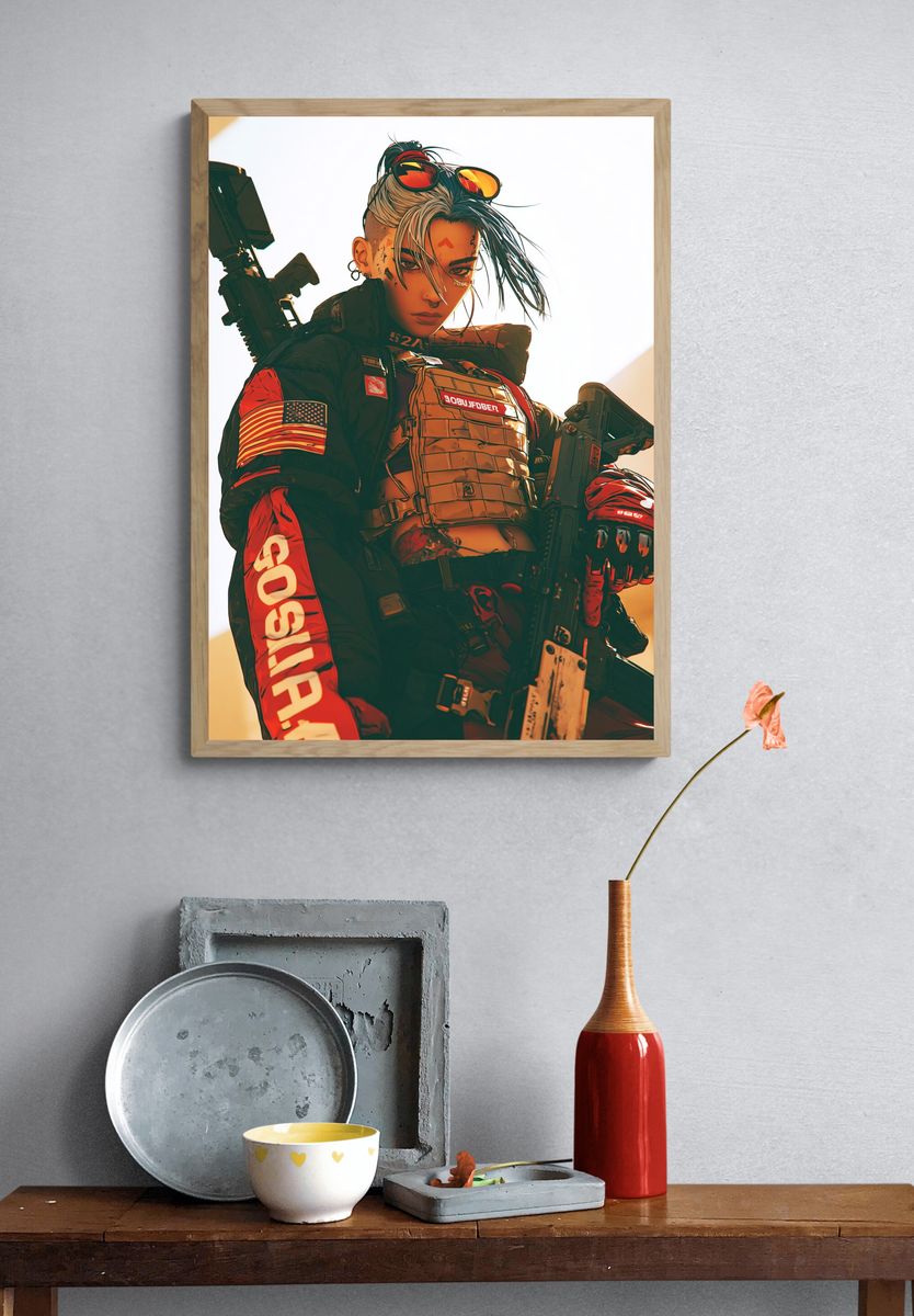 Cyberpunk Soldier Portrait Print. — room view 3